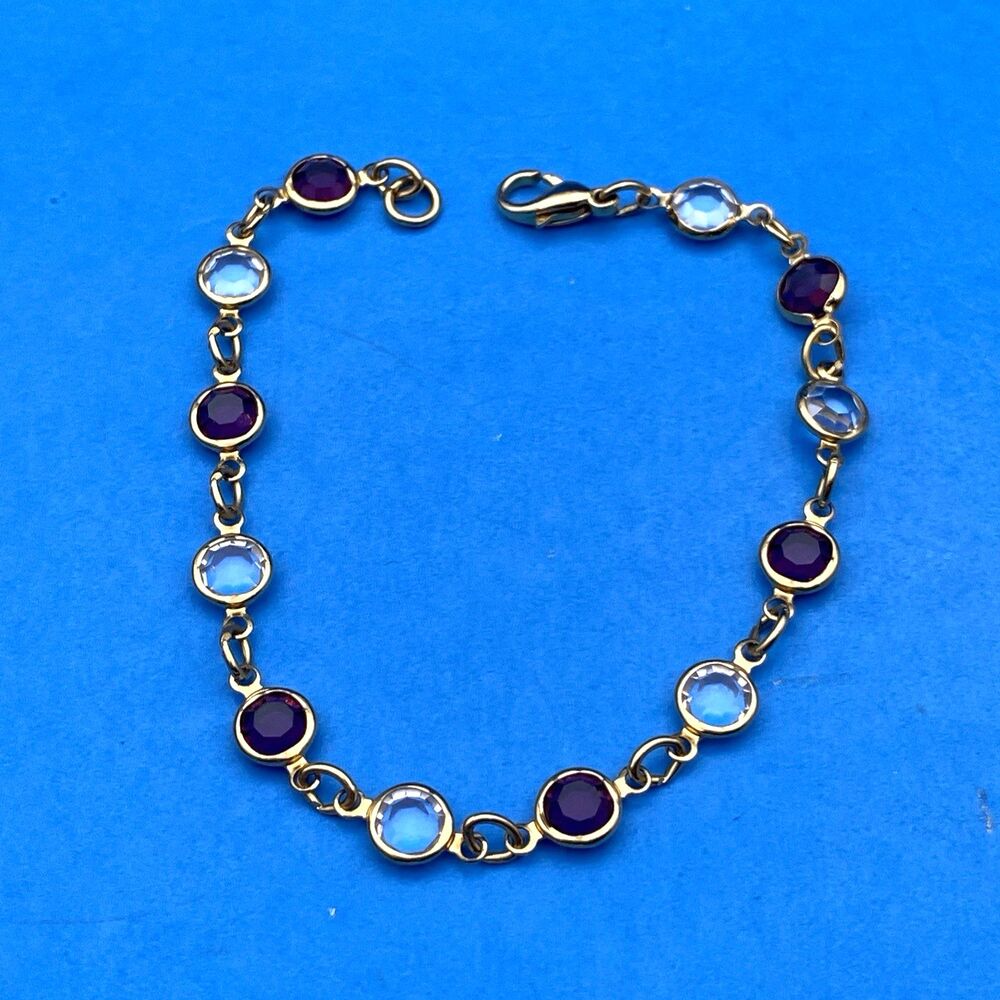 Vintage Gold Tone Purple Blue Crystal Bezel Station Link Bracelet 7 1/4 In Retro